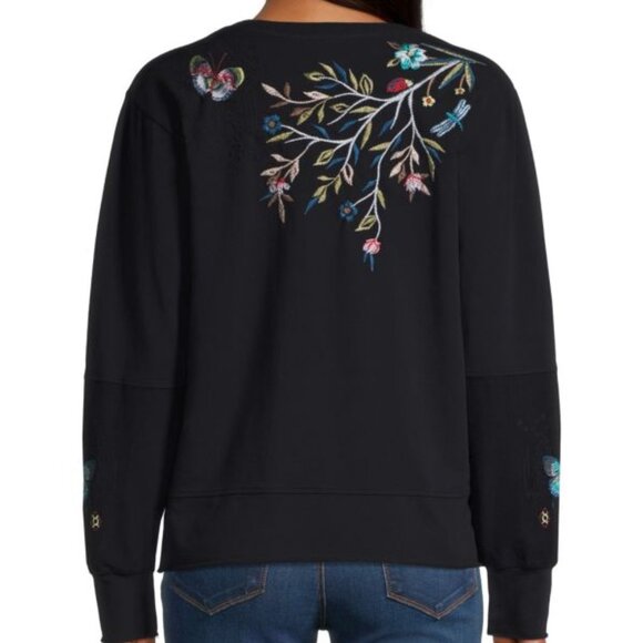 Johnny Was Gen French Terry Pullover Floral Embroidered Top Sweatshirt Black New - Picture 6 of 9